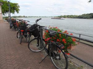 Photo of the river, with parked cycles and flowerboxes in foreground.