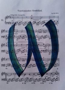 Score of 'Song without Words' overlaid with a calligraphic letter 
