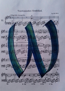 Sheet music of Mendelssohn's ‘Song Without Words’, overlaid with calligraphic letter "w"