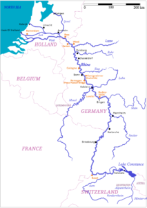 Map of the river Rhine identifying important locations mentioned in the memoir and on the website.